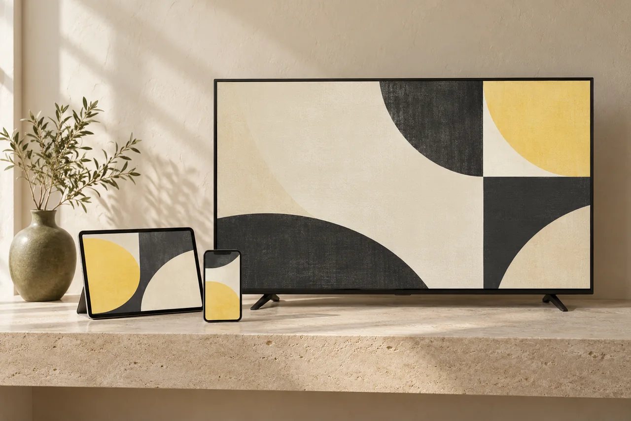 A television, tablet and phone with neutral abstract screens.