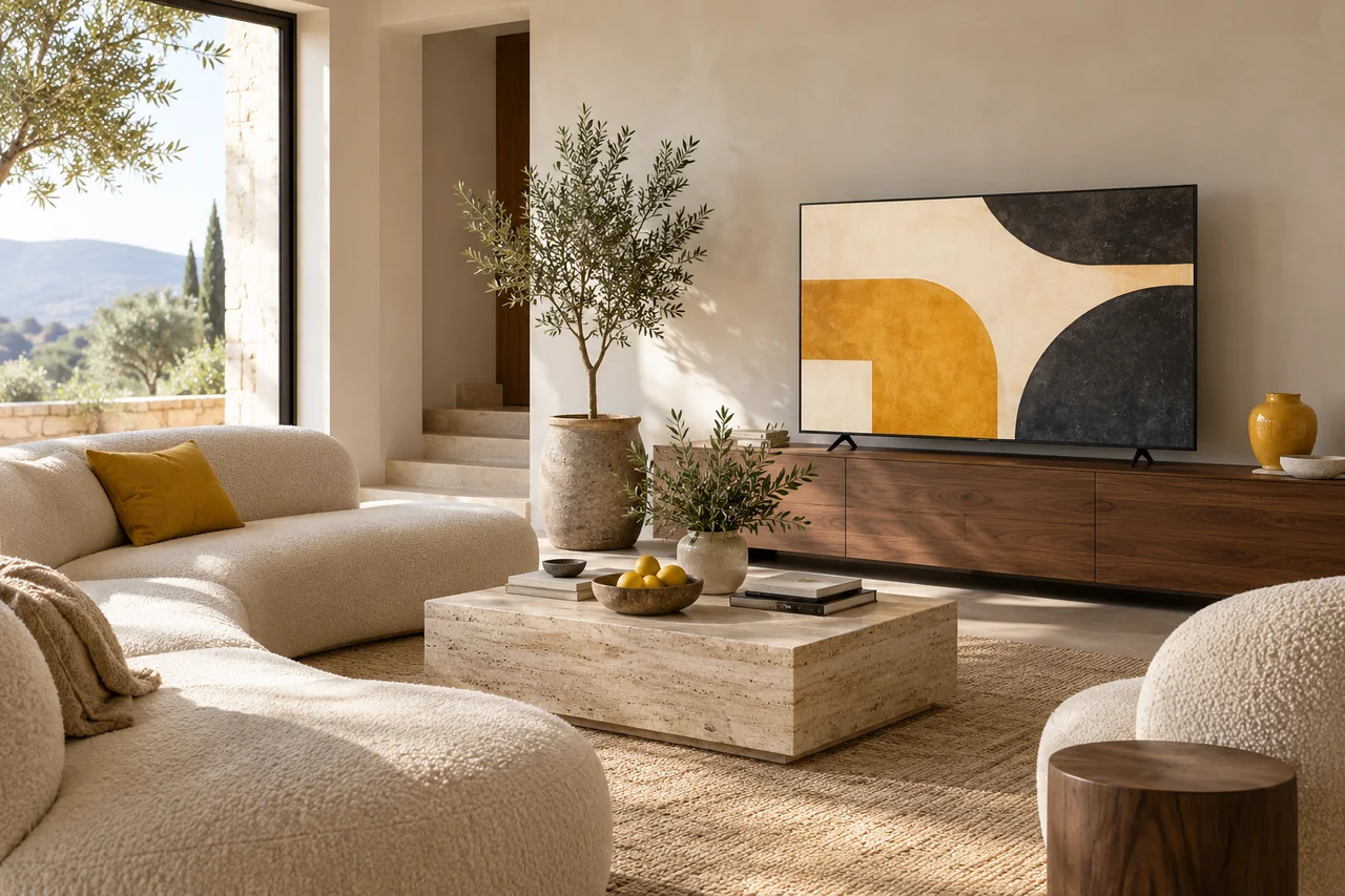 A warmly lit living room with an unbranded television showing original citrus and charcoal abstract artwork.