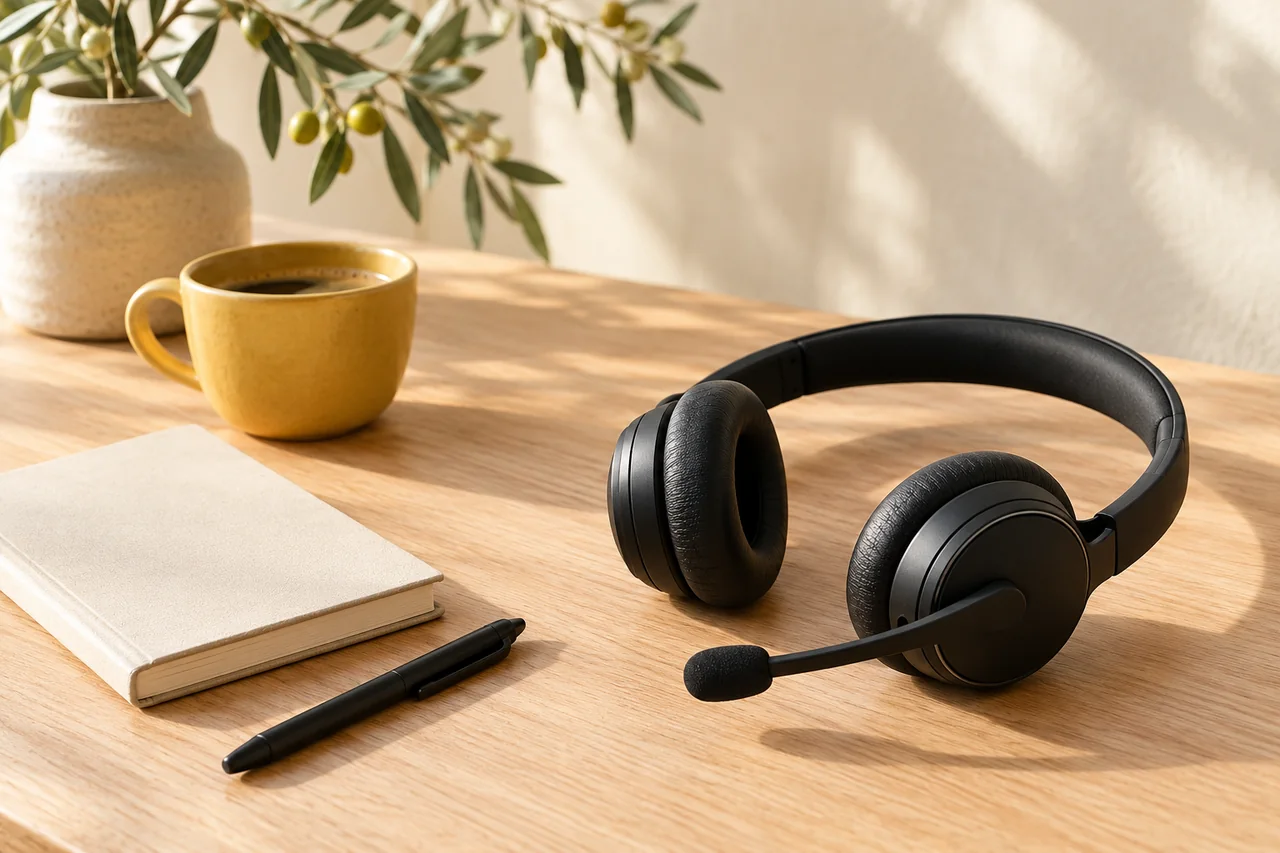 A support headset beside a notebook and a citrus accent.